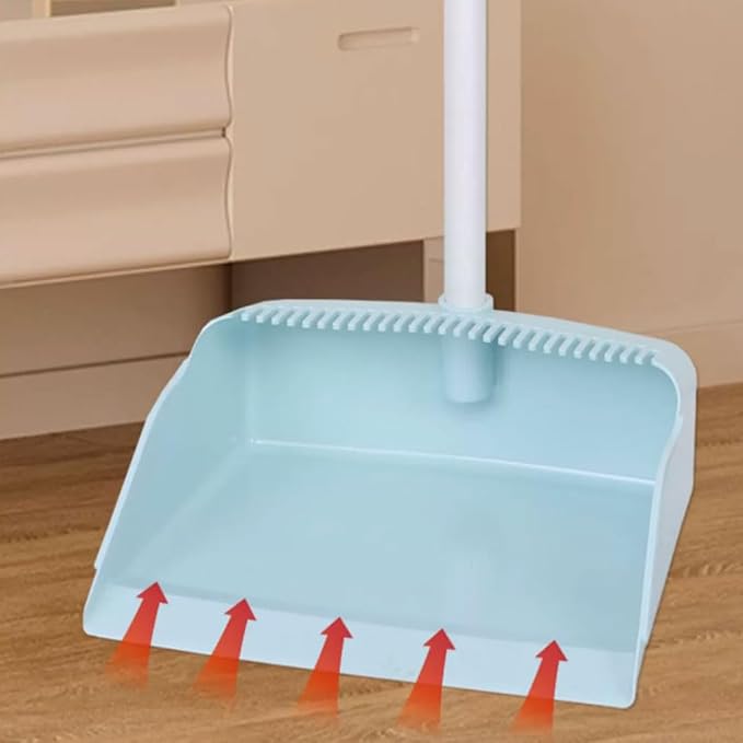 Modern Standing Dustpan and Broom Set for Home Self-Cleaning with Dustpan Teeth and Broom Long Handled Convenient, B Blue 3 Pcs