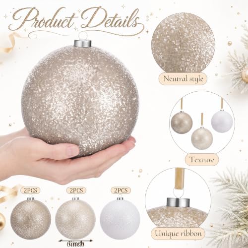 6 Pcs 6 Inch Large Christmas Ornaments Frost White Champagne