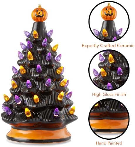 Casafield Hand-Painted Ceramic Halloween Tree, Black 12-Inch Pre-Lit Decoration with 100 Multi-Color Lights, Jack-O-Lantern and Star Toppers