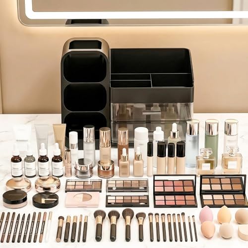 Large Capacity Makeup Organizer Countertop with Makeup Brush Holder for Vanity, Thickened Material, Bathroom Countertop Organizer Skin Care Perfumes Storage, Teen Girl Gifts for 12-23 Year（black）