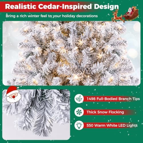 Happygrill 9FT Christmas Tree, Premium PVC Needles, 1498 Branch Tips, Pre-Lit Flocked Snow Hinged Pine Tree with Solid Metal Stand, 550 LED Lights, Ideal for Holiday Decoration, White