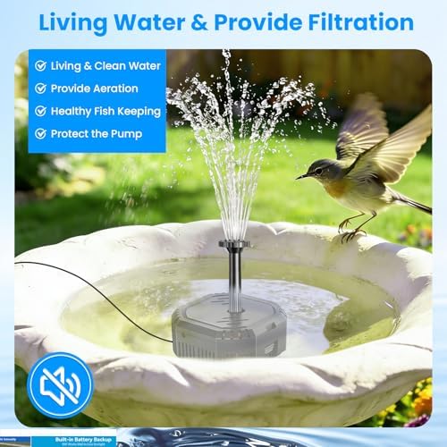 Antfraer 7W Solar Pond Filter with 3600mAh Battery Backup & Fountain Pump, Solar Water Fountain Pump with 8 Nozzles & PVC Tubing, Solar Fountain for Bird Bath, Small Ponds, Waterfall, Hydroponics