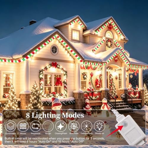 Christmas Candy Cane Lights, 66ft White & Red & Geeen Christmas Rope Lights