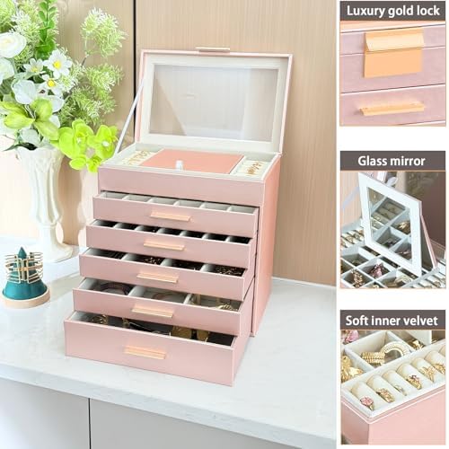 BOOVO Jewelry Boxes for Women, White and Black 6 Layer Large Jewelry Box for Necklace, Bracelet, Earrings, Rings Storage, Jewelry holder Organizer for Girls Gift (Rose gold, 6 layer)