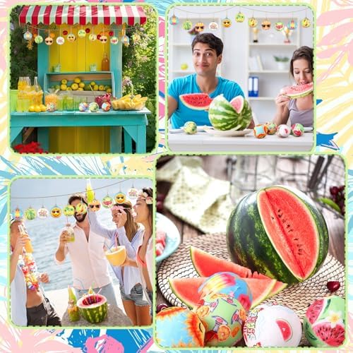 Outus 16 Pcs Summer Tree Ornaments Ball Hawaiian Style Ball Mini Summer Christmas Hanging Decoration for Tree Watermelon Tropical Leaf Coconut Palm Farmhouse Home Fireplace Holiday Party Decor