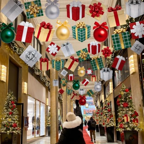 Epakh 44 Pcs Christmas Hanging Ceiling Decorations Ball and Gift Box Cutout