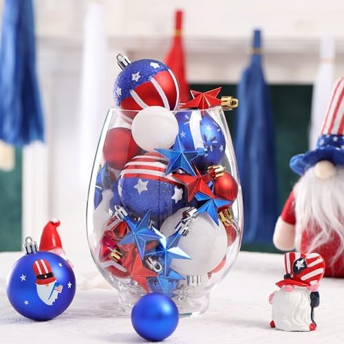100Pcs 4th of July Tree Decorations Patriotic Ornaments, 2.36'' Memorial Day Red White Blue Ornaments and Star, Shatterproof American Hanging Ball Decor for Independence Day USA 250th Holiday