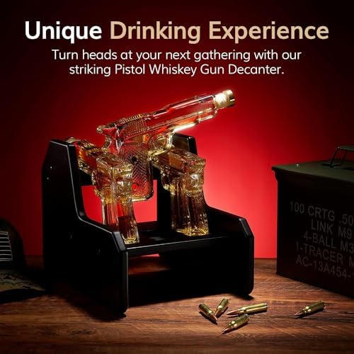 Gifts for Men Dad Whiskey Decanter Set | 7.7 Oz | Three Pistol Gun & Wooden Stand, Unique Birthday Gift Ideas Daughter Son, Home Bar Gifts, Drinking Accessories Military Present Cool Dispenser