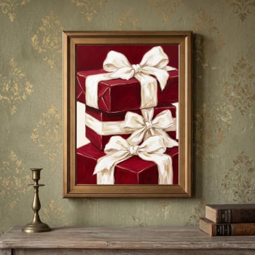 Framed Canvas Wall Art Painterly Gift Boxes Deep Red Wrapping with Thick White Ribbons Canvas Print Poster Gold Frame Wall Decor for Dining Room and Living Room Festive Art, Holiday Decor - Inch 24x36