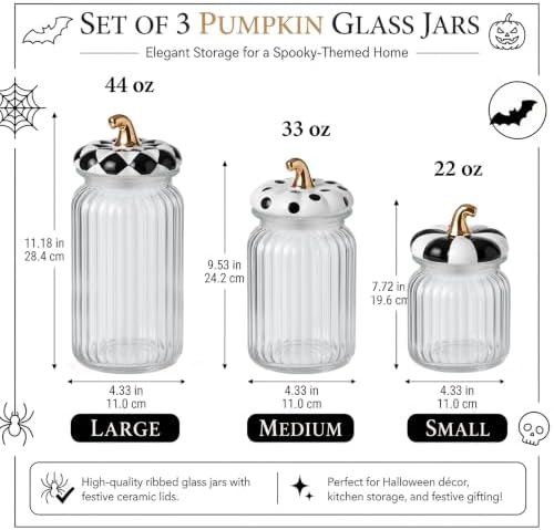 Mimorou 3 Set Halloween Glass Jar with Pumpkin Lid Black and White Boo Clear Candy Jar Food Storage Canister with Airtight Ceramic Lid for Halloween Party Tea Cookie Table Decoration