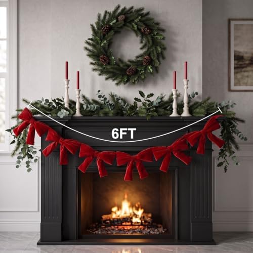 Christmas Decorations - 6 Ft Red Velvet Bow Garland