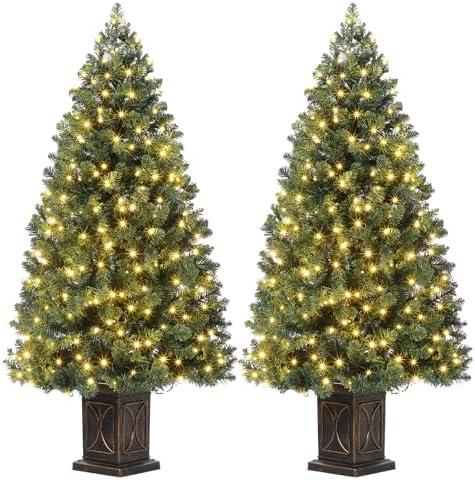 Garvee Pre-lit Artificial Christmas Tree with Warm White Lights, Green Full Christmas Tree 4.5 ft with 8 Light-Modes, Pre Lighted Xmas Tree W/460 Branch Tips, 300 Light & Black Base,2 PCS