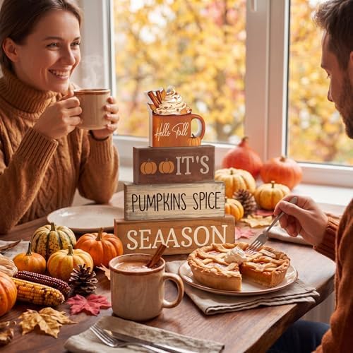 Lineshading 4 Pcs Fall Table Decor for Home, Pumpkin Spice Coffee Bar Sign