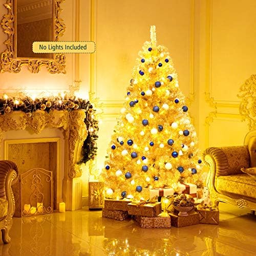 Happygrill 6FT Golden Christmas Tree Artificial Tinsel Xmas Tree with Metal Stand, 1036 Branch Tips Artificial Hinged Christmas Tree for Holiday Decoration