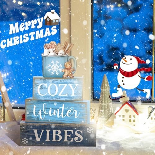 Lineshading 4 Pcs Christmas Table Decorations Wooden Blue Hot Cocoa Signs