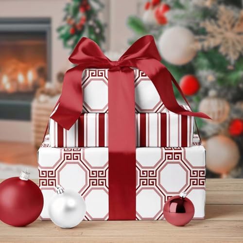 LaRibbons Reversible Minimalist Christmas Wrapping Paper, Greek Key Geometric & Striped Design - Burgundy Pink Modern Gift Wrap for Birthday, Holiday, Xmas Party Celebration, 17 Inch × 33 Feet