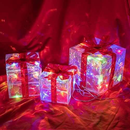 Hourleey Set of 3 Christmas Lighted Gift Boxes, Pre-lit 60 LED Light Up Present Boxes Ornament Outdoor Decoration for Indoor Christmas Home Yard Lawn Decor (Multicolor)