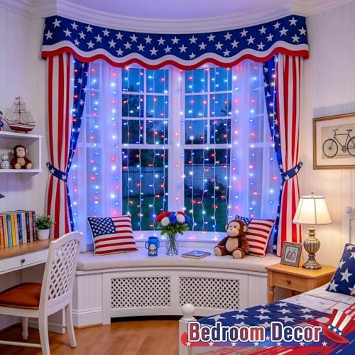 JMEXSUSS 300LED Red White & Blue Curtain Lights for 4th of July, 9.8x9.8ft