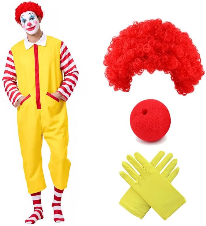 Halloween Clown Costume Set - Yellow Jumpsuit, Red Wig, Yellow Gloves, Clown Nose, Striped Socks for Adults
