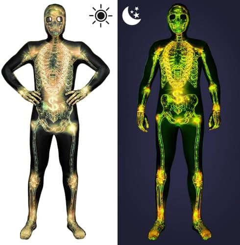 Uisozsfeb Men's Skeleton Costume Glow in Dark Jumpsuit Light Up Bodysuit