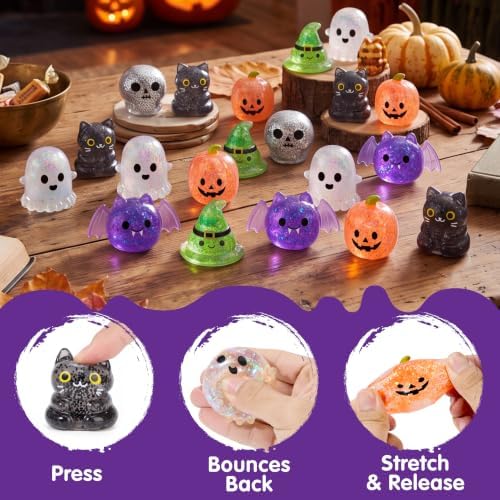 JOYIN 24 PCS Halloween Mini Glitter Squishy Toys, Slow Rising Squishy Toys, Anxiety Relief Stress Balls, Sensory Toy for Kids Teens, Party Favors, Trick or Treating, Classroom Prize