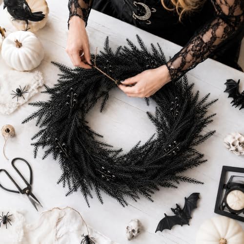 45 Pcs Halloween Black Norfolk Pine Branches, Faux Black Stems Centerpieces