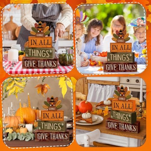 Moucuny 4 Pcs Thanksgiving Table Decoration Gobble Turkey Wooden Block Sign