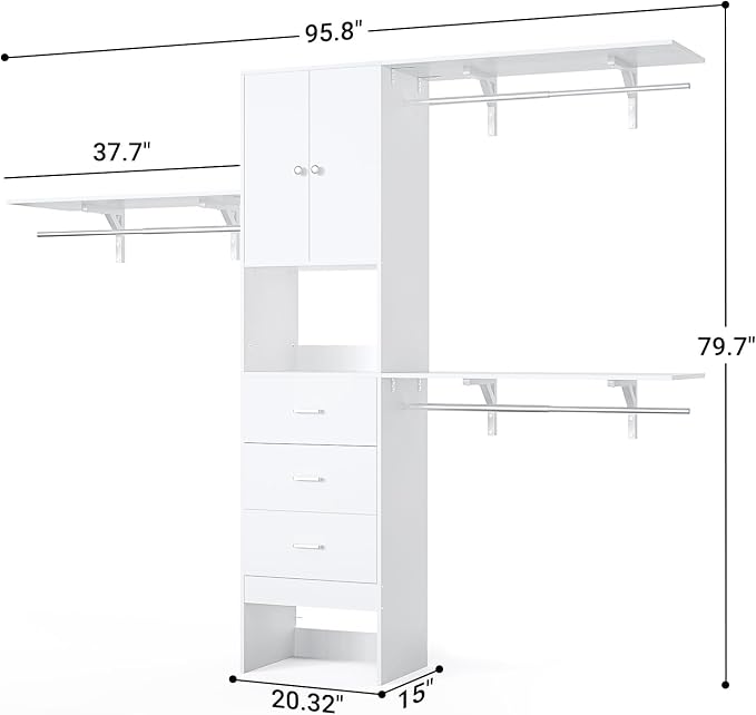Armocity 96 Inches Closet System with Doors, 8FT Walk In Closet Organizer with 3 Shelving Towers, Heavy Duty Clothes Garment Rack with 3 Wood Drawers, 96" L x 16" W x 80" H, Max Load 1000 LBS, White