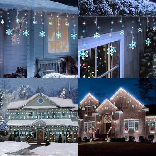 Christmas Snowflake Lights, 10.66ft 168 LED Icicle Lights Outdoor with 14 Drops, 8 Modes Waterproof Connectable Christmas Light for Eaves Wedding Garden Yard Indoor Xmas Decor (White & Icicle Blue)