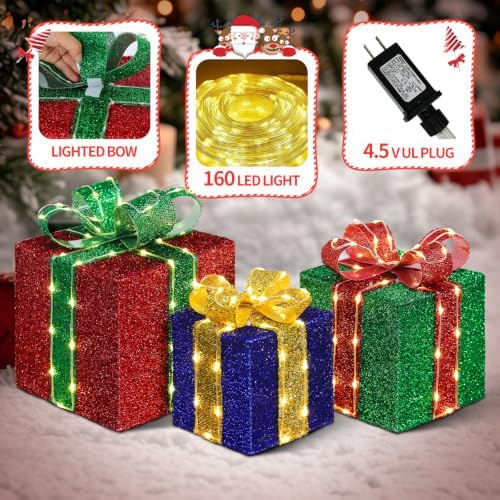 DomKom Set of 3 Christmas Lighted Gift Boxes, 160 Led Light Up Present Decorations, Metal Frame Gift Box with Lighted Bowknot for Xmas Tree Indoor Outdoor Yard Holiday Decor