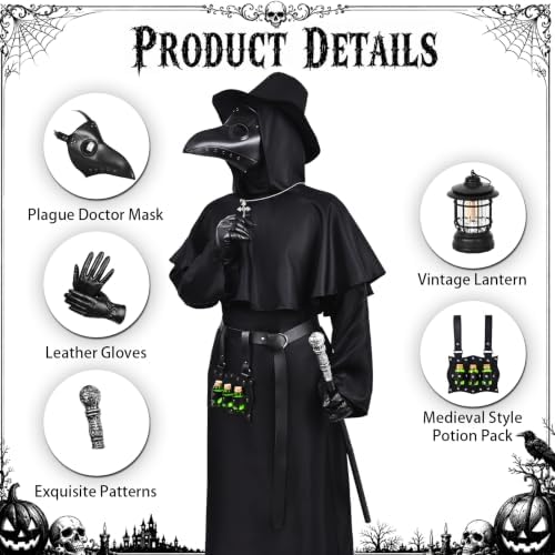 Plague Doctor Costume, 12-in-1 Plague Doctor Mask and Robe Set