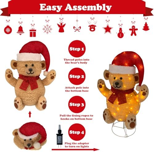 Lighted Christmas Bear Decorations, Pop-Up Bear Outdoor Yard Woodland Christmas Decor Prelit 70 Lights, Collapsible Lighted Bear Wears Santa Hat for Home Porch Yard Christmas Valentines Day-Brown