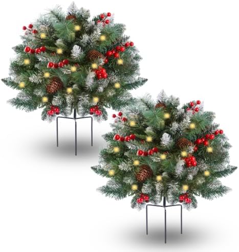 2 Pack Artificial Christmas Urn Filler, Pre-lit Lighted Christmas Tree