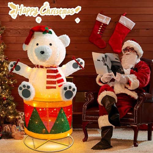 4 FT Lighted Christmas Drum Bear, Pre‑Lit Outdoor Yard Decor