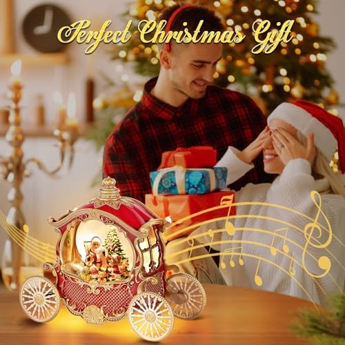 Vintage Christmas Carriage Snow Globe with Santa Scene, Lighted Musical Snow Globe with 8 Holiday Songs & 6H Timer, Swirling Glitter Decor, USB/Battery Powered Tabletop Centerpiece Gift