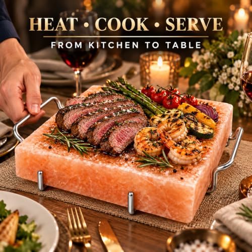 UMAID Himalayan Salt Block Cooking Plate 8x8x1.5 – Food Grade Pink Himalayan Salt Stone for Cooking, Salt Block for Grilling, Serving & Food Presentation – Includes Stainless Steel Tray & Recipe Booklet – Unique Gifts for Men & Women