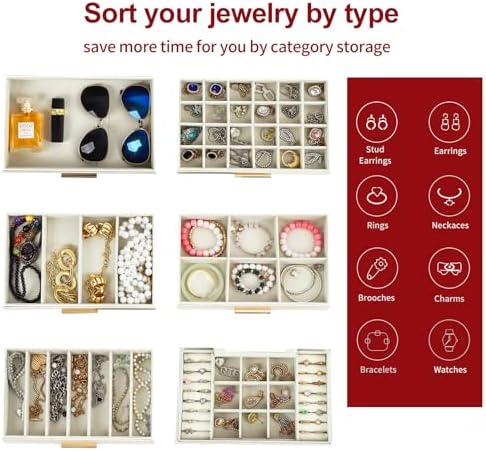 BOOVO Jewelry Boxes for Women, White and Black 6 Layer Large Jewelry Box for Necklace, Bracelet, Earrings, Rings Storage, Jewelry holder Organizer for Girls Gift (Champagne, 6 layer)