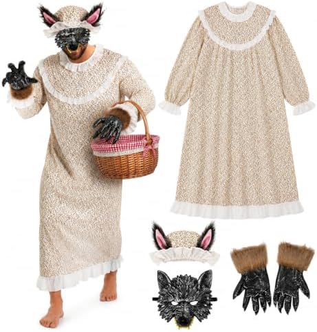 Adult Granny Wolf Costume Big Bad Wolf Outfit Halloween with Hat Mask