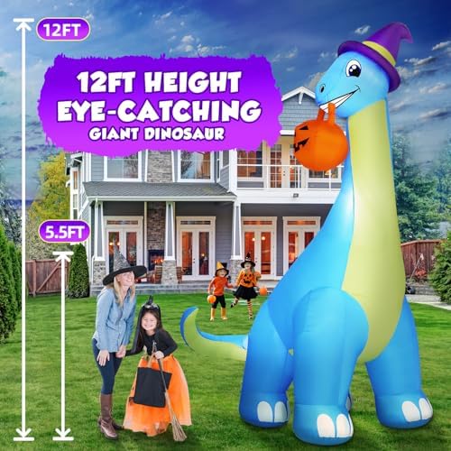 zukakii 13Ft Giant Halloween Inflatable Decorations Dinosaur, Build-in LEDs & Strong Blower Bite Huge Pumpkin with Witch Hat Large Blow Up Halloween Yard Outdoor Indoor Holiday Party