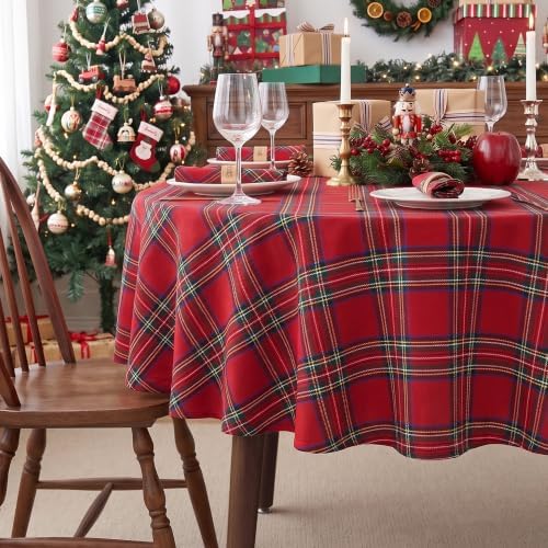 Round Christmas Tablecloth 60 Inch, Farmhouse Buffalo Plaid
