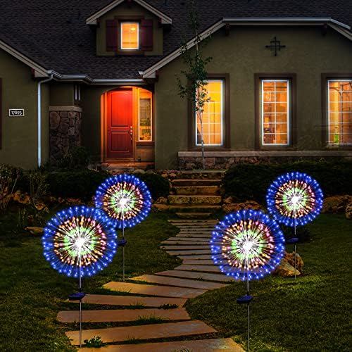Solar Garden Firework Lights Outdoor Waterproof 4 Pack Solar Powered Art Stake Twinkle Outside Solar Lighting Upgrad 180 LED Sparklers Lights for Yard Party Christmas Decorations (Colorful)