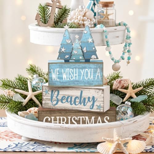 Lineshading 4 Pcs Coastal Christmas Table Decor, Blue Beachy Christmas Tree