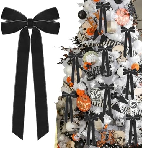 12Pcs Black Velvet Ribbon Bows Halloween Tree Decorations,5in x 10in Christmas Ornaments for Tree Home Party Front Door Wreath Holiday Decor