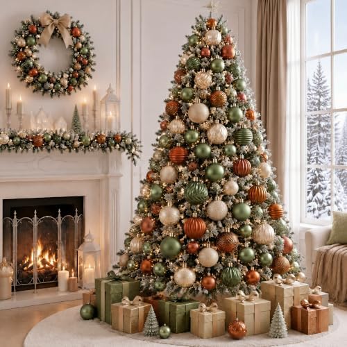 Lunmon 64 Pcs Earthy Christmas Ornaments Olive Green Copper Champagne Gold