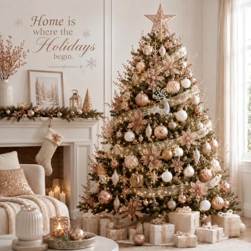 CroBlissful 118 Pcs Christmas Tree Ornaments Set Including Ornaments Balls, Hanging Snowflakes Icicle, Mesh Ribbon, Tree Top Star, Flower, Berries Stems for Xmas Trees Holiday Decor (Champagne)