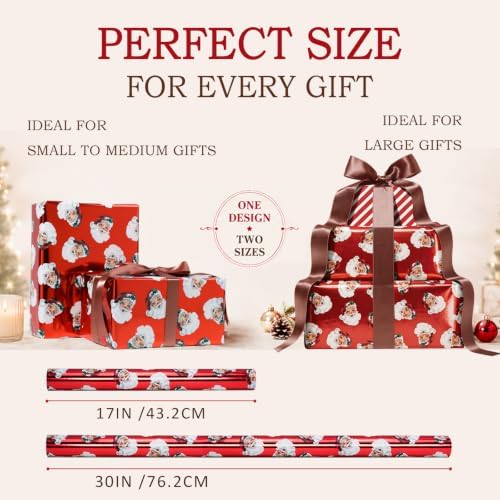 LaRibbons Vintage Santa Foil Christmas Wrapping Paper, Candy Cane Stripe