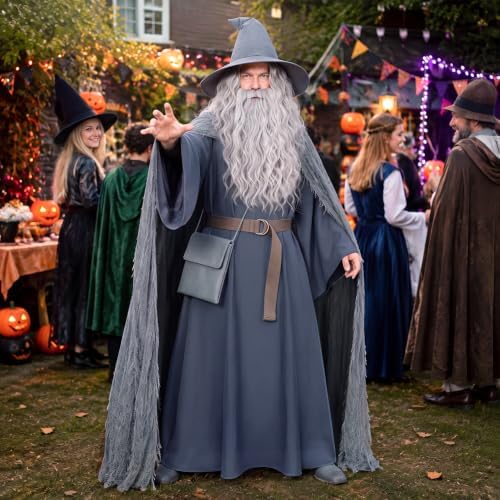 Grey Wizard Costume Set, Medieval Old Mage Fancy Dress Outfit with Hooded Cape, Long Robe, Wizard Hat, Wig & Beard, Belt and Crossbody Bag, Halloween Cosplay Party Dress-up Supplies for Men