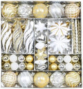 82Pcs Christmas Tree Ornaments Set,Shatterproof Christmas Decorations for Tree Assorted Plastic Craft Baubles Snowflake Ball Ornaments with Durable String for Holiday Party Decor (Gold & White)