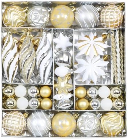 82Pcs Christmas Tree Ornaments Set,Shatterproof Christmas Decorations for Tree Assorted Plastic Craft Baubles Snowflake Ball Ornaments with Durable String for Holiday Party Decor (Gold & White)