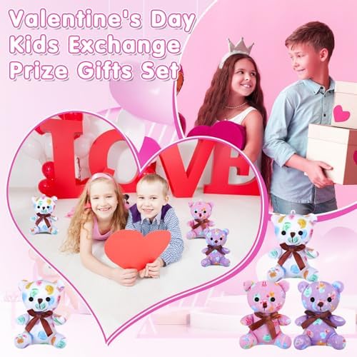 Poen 18 Pack Valentines Day Bears Bulk with Heart Cards Mini Valentine Stuffed Animal with Heart Love Pattern Bears Toys Keychains for Kids Boy Girl Classroom Exchange Gifts Prize